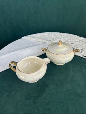 Eggshell Nautilus Lustre Porcelain Tea and Creamer Set with Gold Accent